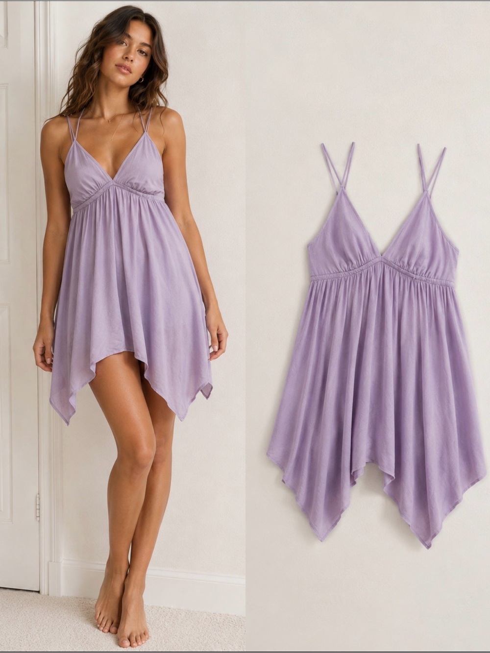 Ecote Lavender Spaghetti-Strap Handkerchief-Hem Mini Dress